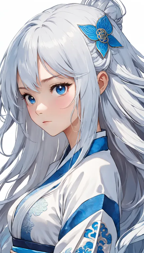 (White background:1.8),(1girll，white color hair，blue clothes，closeup cleavage， colorfull long hair, Oriental elements)，(Super refined，Chinese illustration:1.3，paper art:1.3, Quilted paper art:1.2),( reasonable design, Clear lines, High sharpness,Best quali...