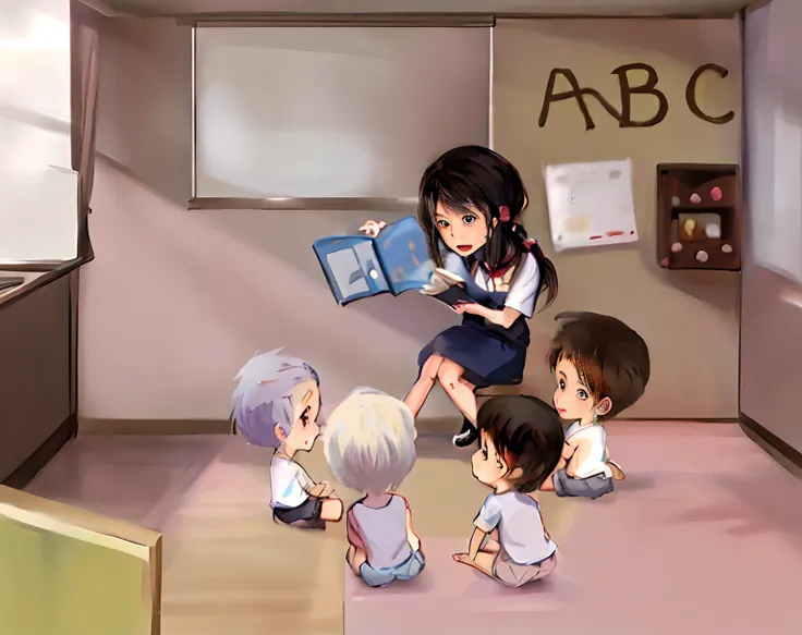 Anime style, chibi style, cute, cartoon of a teacher reading to children in a classroom,