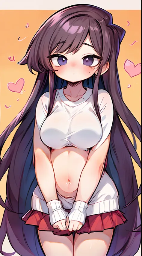 komi shouko,(A white border around a red rectangular background：2.5)，revealing her belly，huge tit，whitesweater，High detail,ahegao face,Moles under eyes, Heart-shaped pupils，Love pupils，Lots of hearts，Fleshy thighs,highly rendered，detailed face with