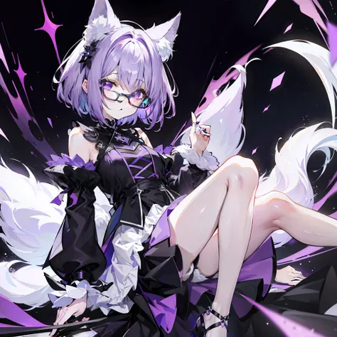 short detailed hair，Fluffy light purple，Wear a black and purple fluffy skirt，It has purple fox ears，White thin-rimmed glasses，Wears knee-length black silk，This is a cute royal sister girl，Wearing black silk