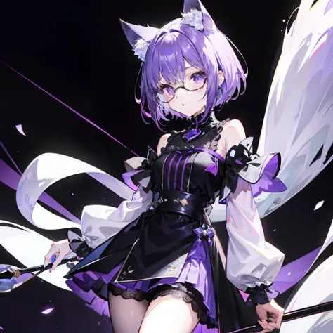 short detailed hair，Fluffy light purple，Wear a black and purple fluffy skirt，It has purple fox ears，White thin-rimmed glasses，Wears knee-length black silk，This is a cute royal sister girl，Wearing black silk