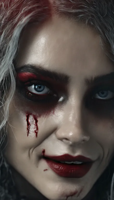 Masterpiece, highest quality, 8K HD, 1 vampire girl, Scary atmosphere, Gothic, open mouth, vampire teeth, Red eyes
，(masterpiece award winning , best quality:1. 2) , Christian Zombie Vampire, detailed face , grey eyes, cinematic , gloomy illumination, horr...