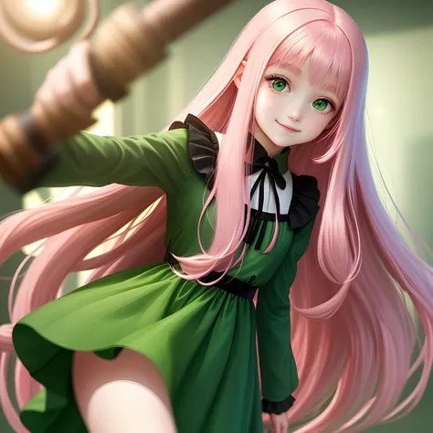 young girl, Long pink hair, Green eyes, Green light dress, ssmile, Masterpiece, hiquality