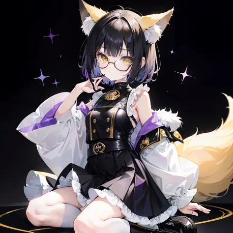 short detailed hair，Fluffy light yellow，Wear a black and purple fluffy skirt，It has yellow fox ears，Black extra-thick-rimmed glasses，Wears knee-length black silk，This is a cute loli girl