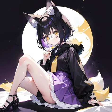 short detailed hair，Fluffy light yellow，Wear a black and purple fluffy skirt，It has yellow fox ears，Black extra-thick-rimmed glasses，Wears knee-length black silk，This is a cute loli girl