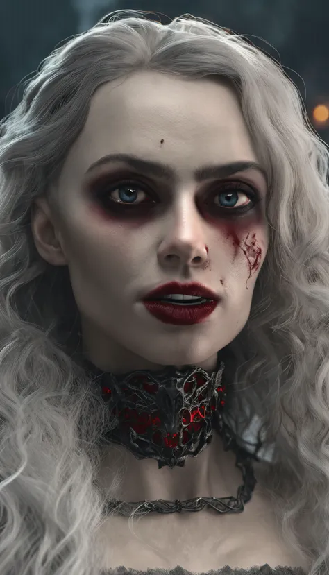 Masterpiece, highest quality, 8K HD, 1 vampire girl, Scary atmosphere, Gothic, open mouth, vampire teeth, Red eyes
，(masterpiece award winning , best quality:1. 2) , Christian Zombie Vampire, detailed face , grey eyes, cinematic , gloomy illumination, horr...