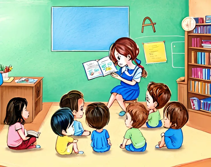 cartoon illustration of a teacher reading to a group of children, children book illustration, colorful kids book illustration, c...