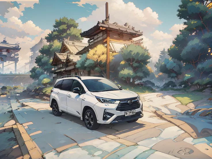 car parking at the park, toyota veloz suv, best quality, anime style, high highway background, japan city, japan park