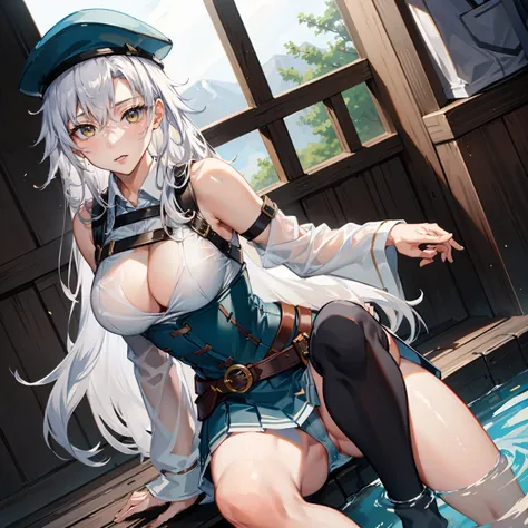 Fie clausell from kuro no kiseki, sleeveless khaki shirt, blue underbust corset, white pleated skirt, black shoulder length arm coverings and thigh high black boots. She wears a series of brown belts to fasten her outfit together and now sports a blue bere...