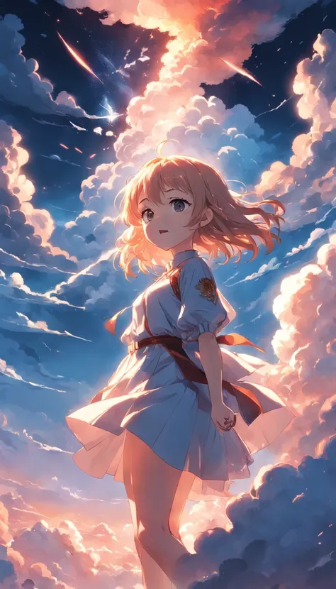 masterpiece, best quality, movie still, 1girl, cloud girl, floating in the sky, close-up, bright, happy, warm soft lighting, sunset, (sparks:0.7)