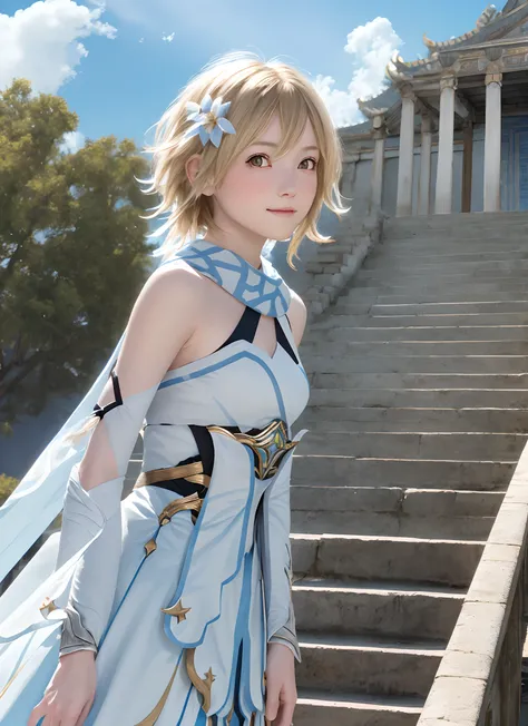 luminedef, upper body, smile, blush, outdoors, day, simple background, blue sky, short hair, sky, temple, looking at viewer, stairs, mountain, moody lighting,