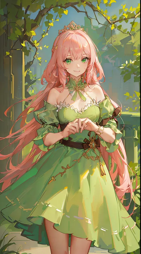 young girl, long pink hair, Green eyes, Green Light Dress, ssmile, Masterpiece, hiquality