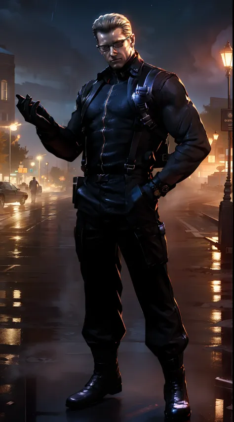 1 man, solo, Albert Wesker, wearing a black linen long sleeve shirt, suspenders, looking casual, wearing elegant glasses, black trousers, cold face, middle aged, at the park, night time, high quality, solo, single male, male focus