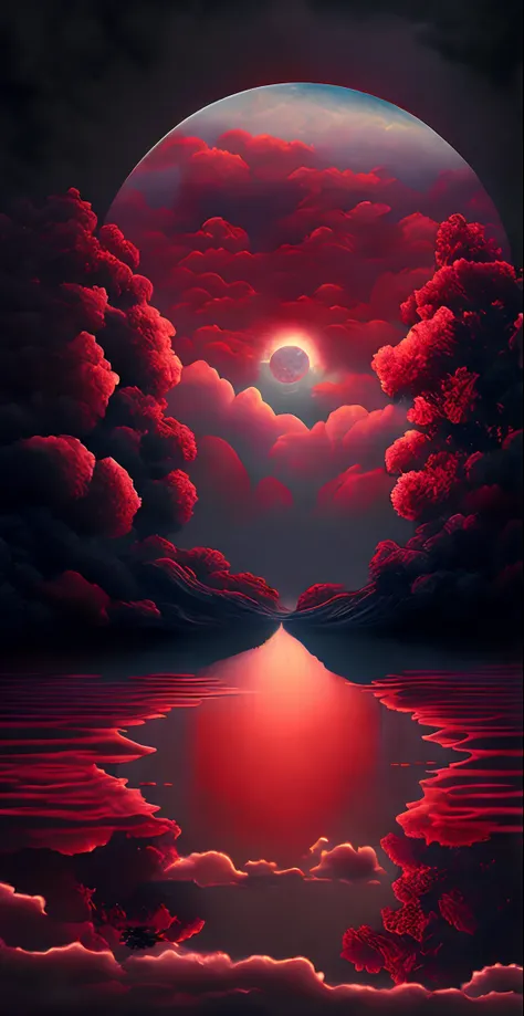 "Obra maestra surrealista. calidad excepcional. detalles sorprendentes. Surreal CG rendering of a dark red moon rising above a tranquil lake surrounded by red clouds, autoiluminado, Large area of clouds and fog in luminous tones, celestial lighting, Cosmic...