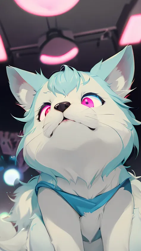 shaggy，Furry, White fur，hyper cute face，Light blue element on fur，pink glowing eyes，White T-shirt，Beautiful lights and shadows，ambient lights，Ultra-fine fur，volumettic light