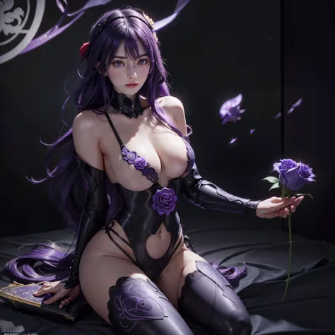 Masterpiece, perfect face, face cute, realiatic, Raiden Shogun (genshin impact), dark purple hair, left side bangs, (((Raiden Shogun holding a rose with two hands))) long hair, purple eyes, ((very detailed)), ((illustration)), ( (messy hair)), (beautiful d...