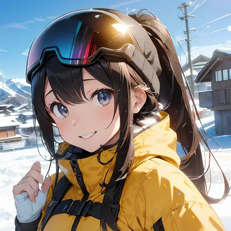 masutepiece, Best Quality, 8K_Wallpaper, (Beautiful eyes), ((There is an elevator on the left)), Cute, (Yellow Wear、Outerwear is yellow、Black pants),1girl in,small tits,1 schoolgirl、Smile,(Ski resort on a sunny day)、(((Snow piled higher than your head、Your...