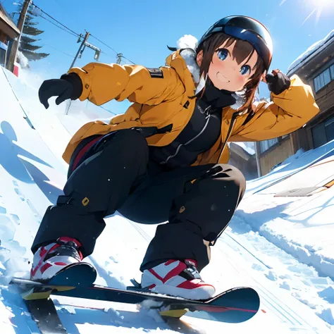 masutepiece, Best Quality, 8K_Wallpaper, (Beautiful eyes), ((There is an elevator on the left)), Cute, (Yellow Wear、Outerwear is yellow、Black pants),1girl in,small tits,1 schoolgirl、Smile,(Ski resort on a sunny day)、(((Snow piles up higher than your head))...