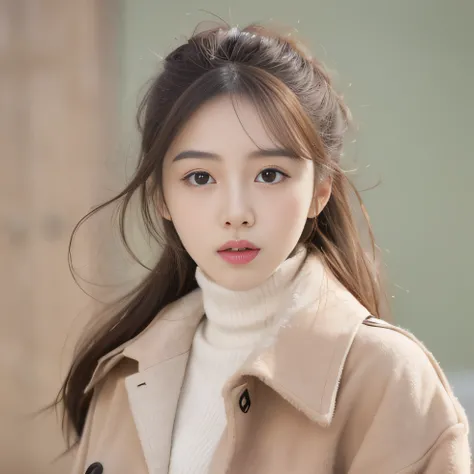 Front face,Alafed woman with beige coat and white turtleneck ponytail, Young adorable Korean face, Beautiful young Korean woman, Gorgeous young Korean woman, the face of a beautiful Japanese girl, korean face features, Young beautiful asian face, beautiful...