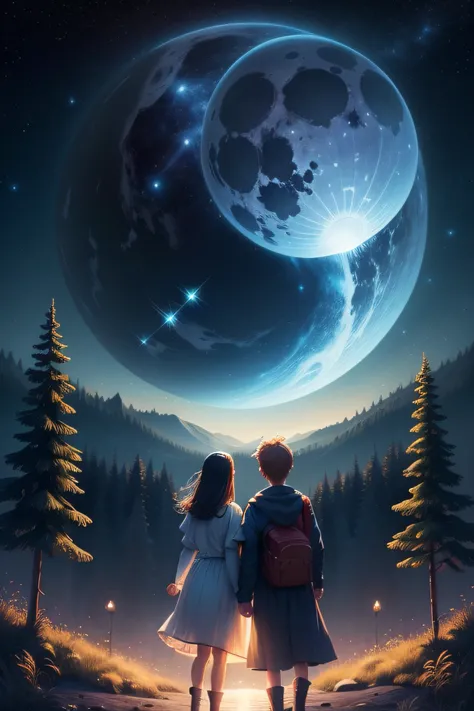 "Crie uma imagem com uma atmosfera encantadora e infantil, inspired by the book Greg and the Magic Night. Nessa imagem, inclua os personagens Lucas e Greg, both exploring a night scene full of wonders. Add a starry sky with smiling stars and a friendly wat...