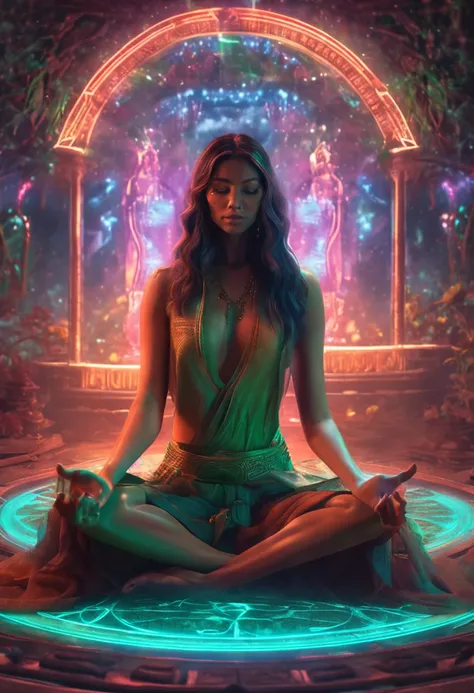 (Masterpiece:1.2),Best quality,Pisif,Taoist,(Meditation:1.1), Solo,A sexy girl ,Meditate cross-legged， Green glowing magic array, Float，Transparent,Realistic