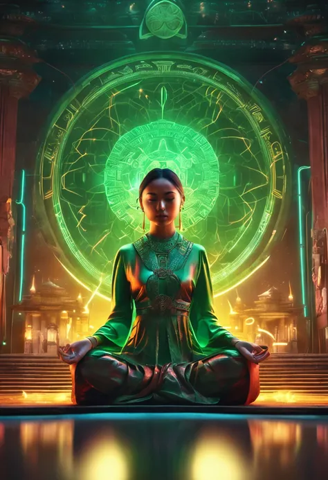 (Masterpiece:1.2),Best quality,Pisif,Taoist,(Meditation:1.1), Solo,A sexy girl ,Meditate cross-legged， Green glowing magic array, Float，Transparent,Realistic