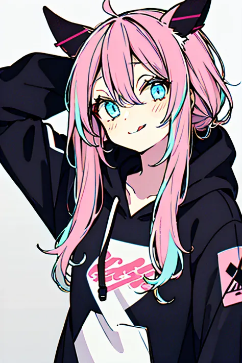 1girl, solo, hood, blue eyes, tongue, tongue out, long hair, long sleeves, bangs, hood up, black hoodie, arm up, upper body, mul...