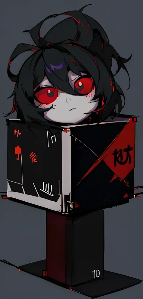 a close up of a small toy with a box on it, roblox avatar, profile picture 1024px, pitchblack skin, chibi, by :5 sexy: 7, gapmoe yandere grimdark, fully red eyes no pupils, anime styled 3d, gapmoe grimdark, octan render, stylized anime, heavily stylized, o...