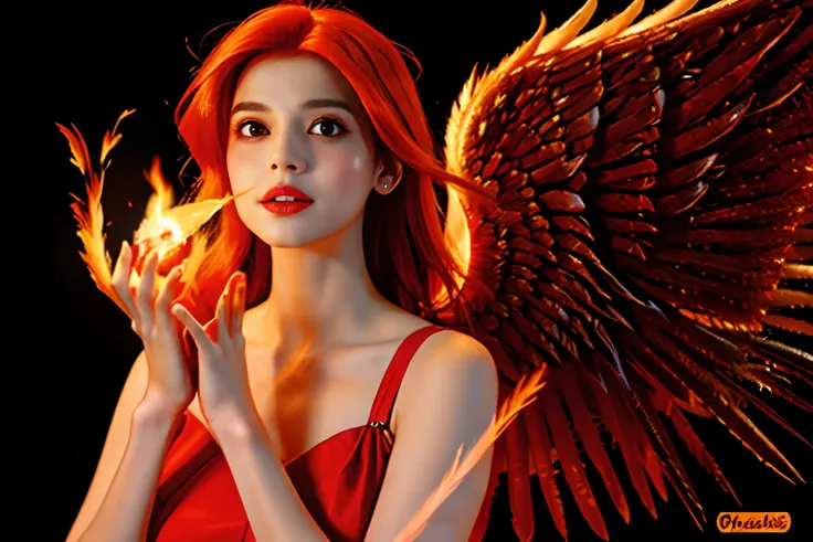 a beautiful angel, with red hair turning to fire, an angel woman, (((pechos grandes, an angel with wings of fire))), transmite c...