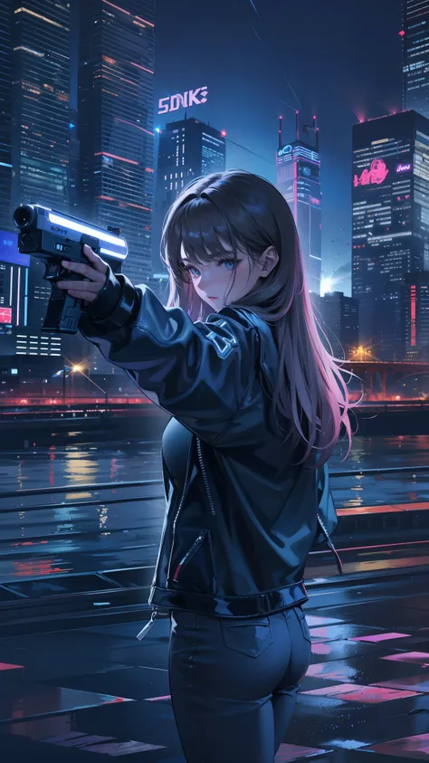 1man point the gun at the beautiful girl, detailed face film lighting effects realistic night light effcts neon architecture blue and black mixture artistic movement, 8K UHD graphics Sony Alpha A7 background ultra blured.