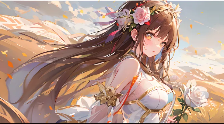 Masterpiece quality，The best quality assurance。A brown hair、Cute girl with golden eyes。Tsundere，Exudes magic，With a rose headdress，Long hair flutters in the wind，naughty big breasts，White sportswear，Genki girl，Behind it is the desert