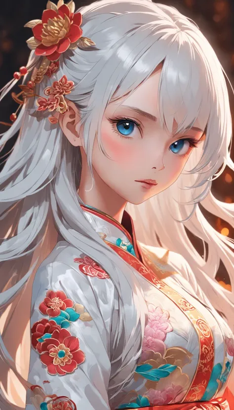 Royal Sister，Cold and glamorous，Raised sexy，on cheongsam，Embroidery，(1girll，White color hair，closeup cleavage， colorfull long hair, Oriental elements)，(Super refined，Chinese illustration:1.3，paper art:1.3, Quilted paper art:1.2),( reasonable design, Clear ...