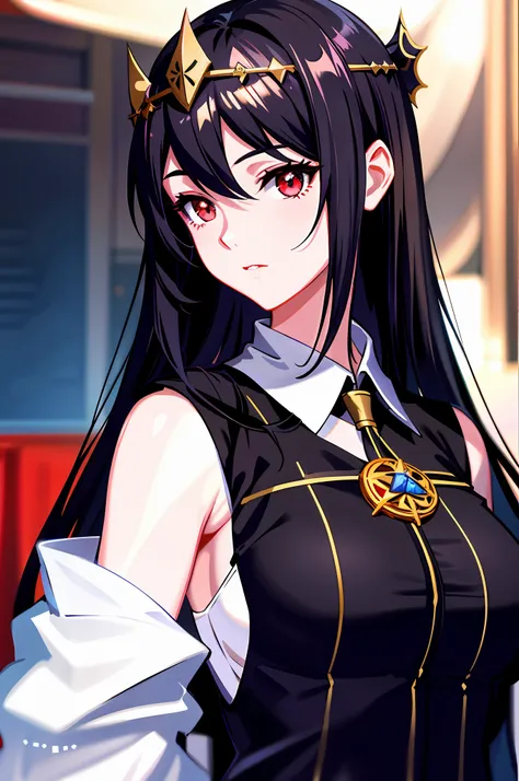 There are anime girls with long black hair and dark red eyes in the room, Anime goddess, black-haired mage, anime moe art style, Smooth anime CG art, Hestia, Portrait Chevaliers du Zodiaque Fille, noire, from girls frontline, ((a beautiful fantasy empress)...