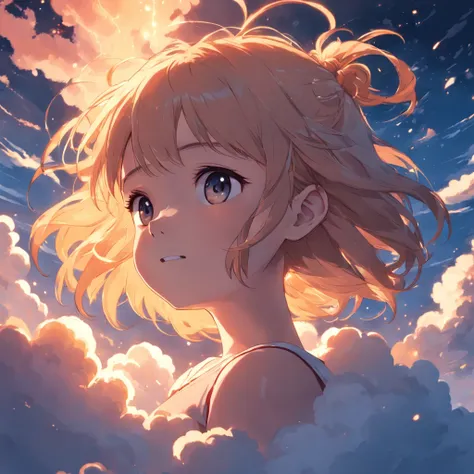 masterpiece, best quality, movie still, 1girl, cloud girl, floating in the sky, close-up, bright, happy, warm soft lighting, sunset, (sparks:0.7)