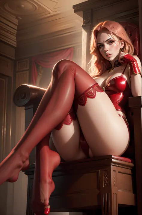 Scarlett Johansson，Raised sexy，Long legs，your jade feet，Red stockings，Bare lace all over，Red knee-length socks，Sit on the throne，Realistic red stockings，Domineering expression