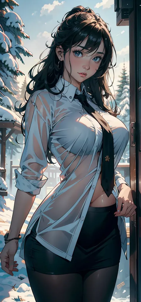 1female，25 age old，Large breasts，Pornographic exposure， 独奏，（Background with：ports，coniferous forest，at winter season，Snow on the ground） with his long black hair， nakeness，比基尼，standing on your feet，Sweat profusely，drenched all over the body，seen from the f...