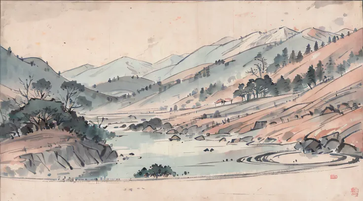 (Masterpiece, best quality: 1.2), traditional Chinese ink painting, green mountains, rivers, simple composition