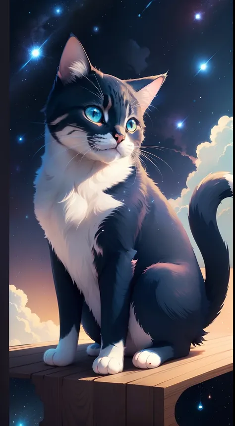 Cute cat，Luminous design，gorgeous color，Ink drops，Blue sky，Whales in the starry sky，Pixar, anime style, Ghibli-like colours