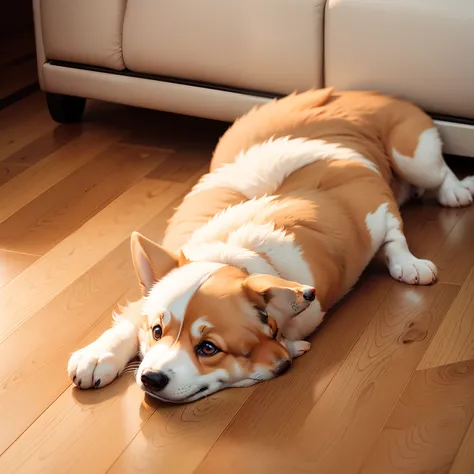 Corgi gets sick at home，Lying weakly on the floor