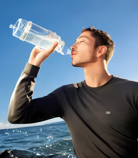 Arafed man drinking water from a plastic bottle on the beach, peacefully drinking river water, water to waist, hydration, water, water water, water in background, muita sede, transhumanist hydration, tansparent water, segurando uma garrafa, Beber, Water pa...