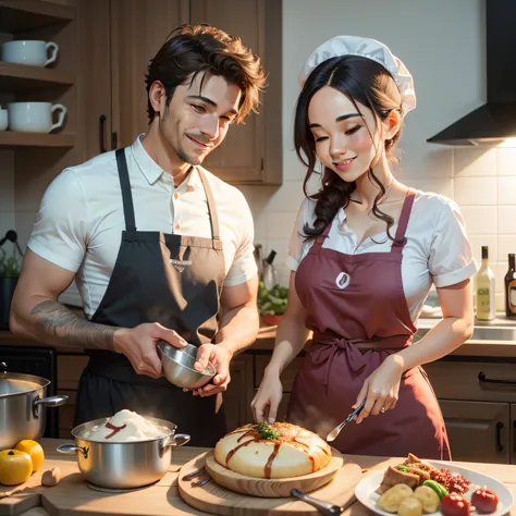 Um casal cozinhando juntos na cozinha, com aventais e sorrisos contagiantes, while preparing a special meal, reflecting the mutual support and harmony they share in everyday tasks.