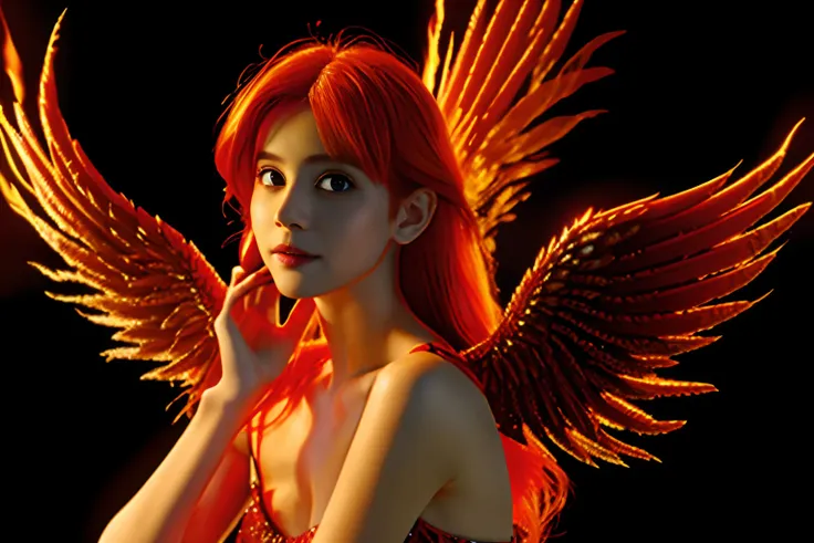 a beautiful angel, with red hair turning to fire, an angel woman, (((pechos grandes, an angel with wings of fire))), transmite c...