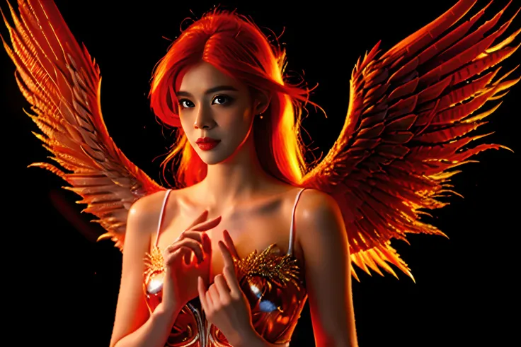 a beautiful angel, with red hair turning to fire, an angel woman, (((pechos grandes, an angel with wings of fire))), transmite c...