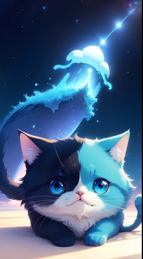 Cute cat，Luminous design，gorgeous color，Ink drops，Blue sky，Whales in the starry sky，Pixar, anime style, Ghibli-like colours