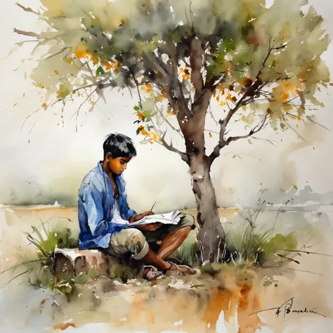 guy denning style ,multicolor, an Indian male teenager  reading a book under the shade of flowering tree, countryside,