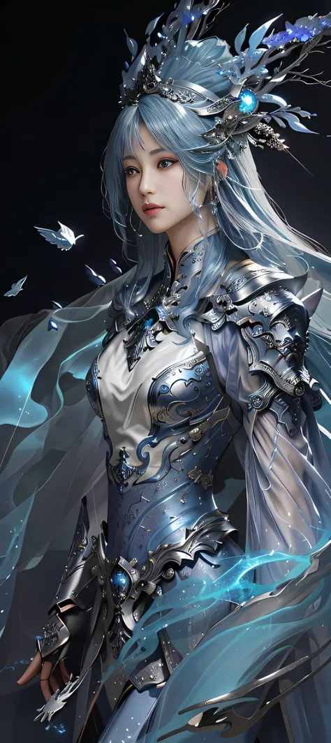 a close up of a woman in a silver and blue dress, chengwei pan on artstation, by Yang J, detailed fantasy art, stunning character art, fanart best artstation, epic exquisite character art, beautiful armor, extremely detailed artgerm, detailed digital anime...