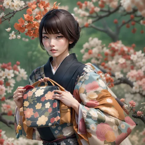 japanese model carrying a Kimono fabric handbag. photo realistic