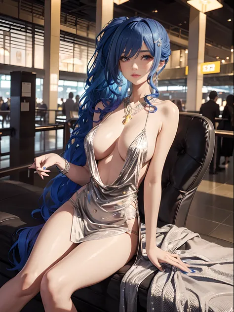 （Enrich the picture，Masterpiece level quality）Beautiful 8K CG artwork，Goddess-like posture，Sitting at the airport，Postural exercises，Slim and soft，Translucent skin，Blue hair、The beauty of extra-long hair, Super Long Straight Hair，The skin is fair and juicy...