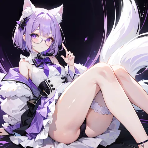 short detailed hair，Fluffy light purple，Wear a white and purple fluffy skirt，It has purple fox ears，Black extra-thick-rimmed glasses，Wearing knee-length white silk，panties visible,  This is a cute loli girl