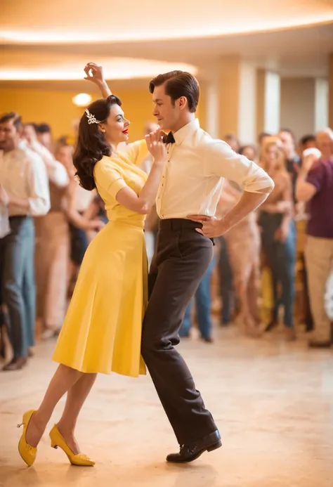 A retro-futuristic image of a boogie woogie couple dancing on a dance floor lit by a directional spotlight; the couple is dressed in 50s-style clothing, he in wide-leg pants and a two-tone polo shirt, she in a yellow mini-skirt and white top